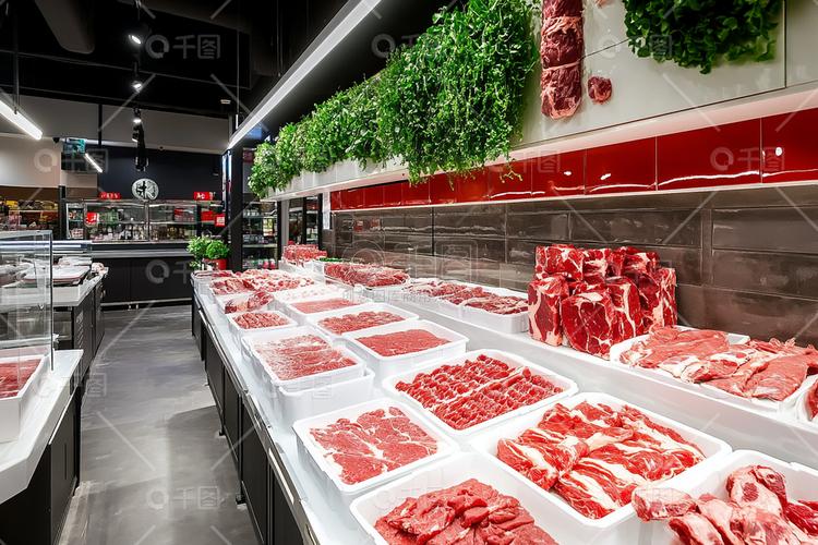 生鲜现代简约超市冷藏区肉类展示区商业照片